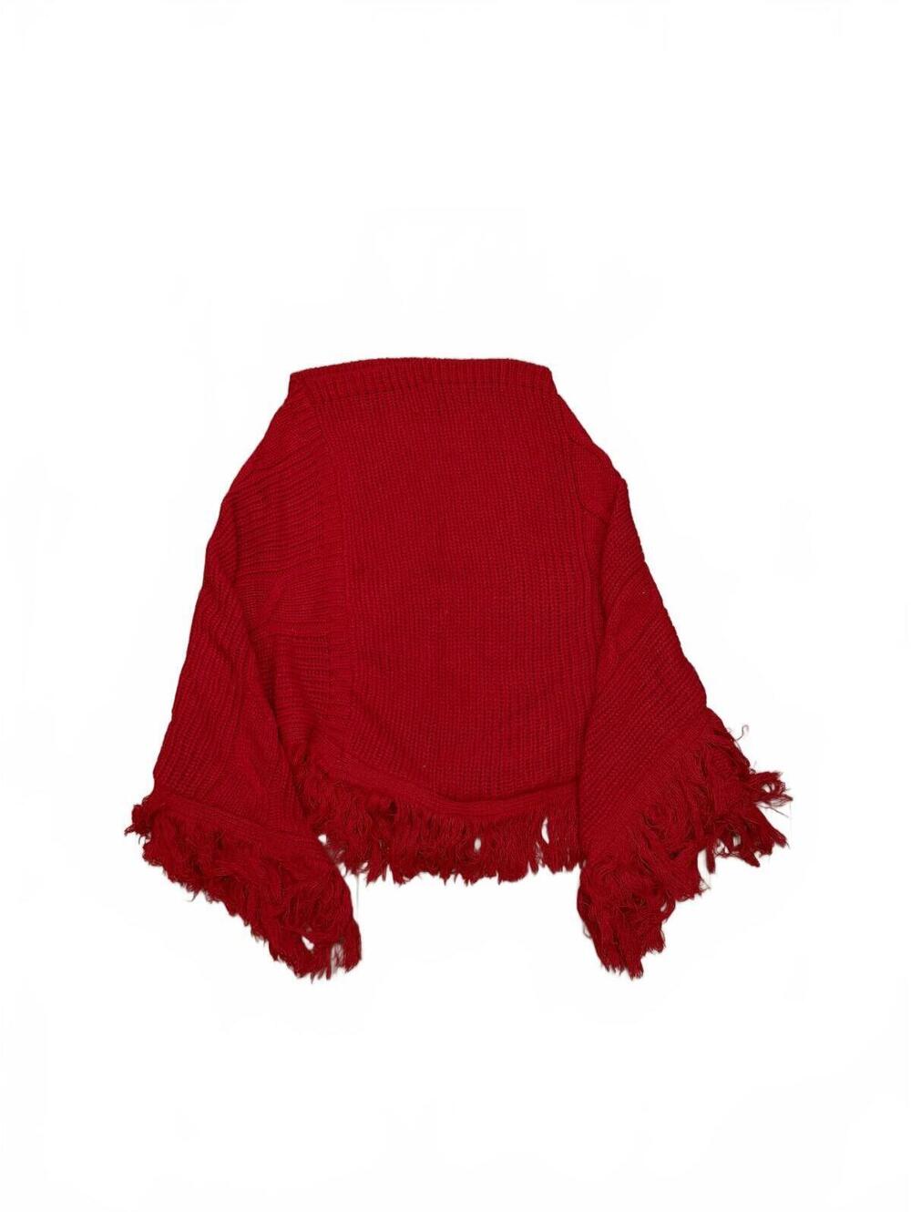 Caren Sport Red Cable Knit Poncho Sweater Fringe Asymmetrical Wrap Plus Size 3X